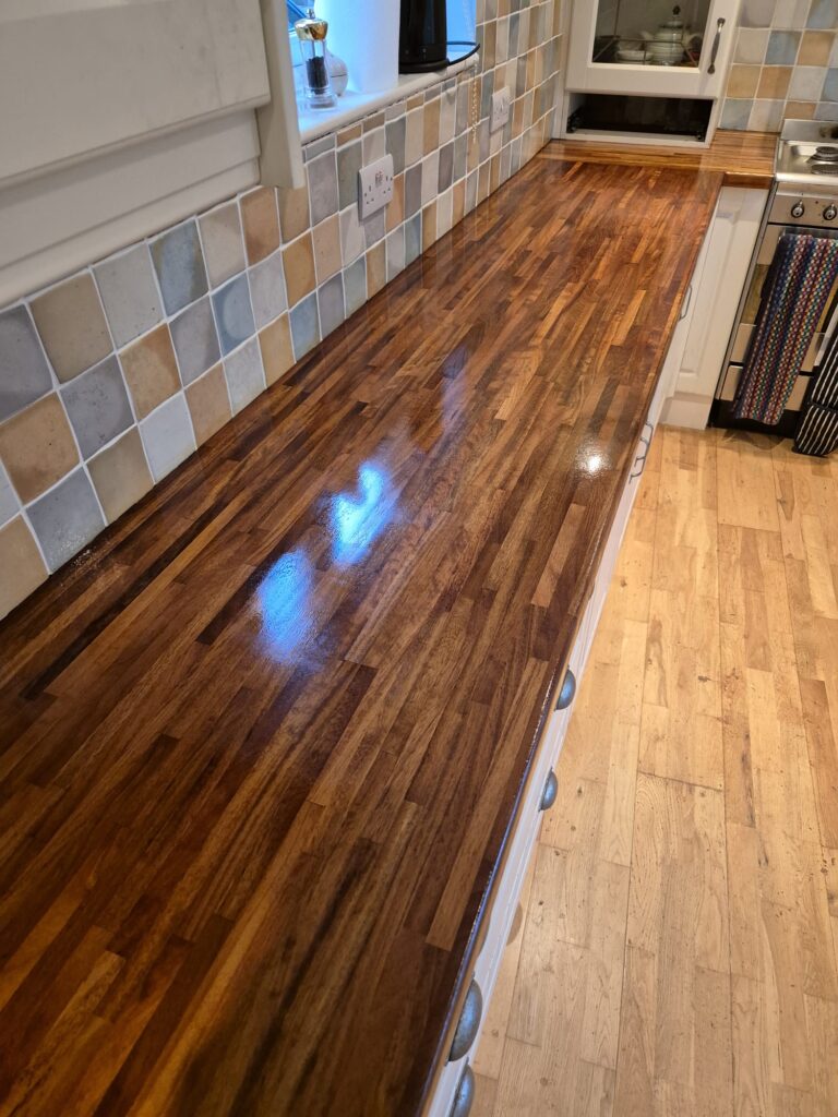 Restored and varnished kitchen worktop